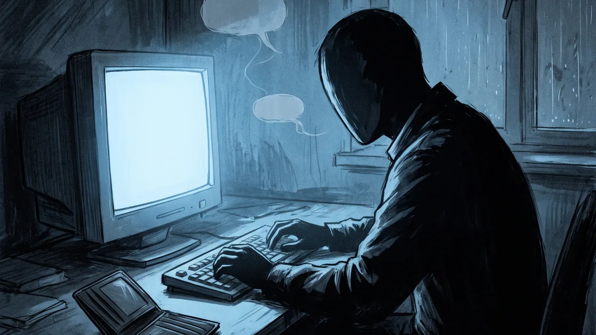 A lone hunched silhouette lit only by a monitor beside an empty wallet