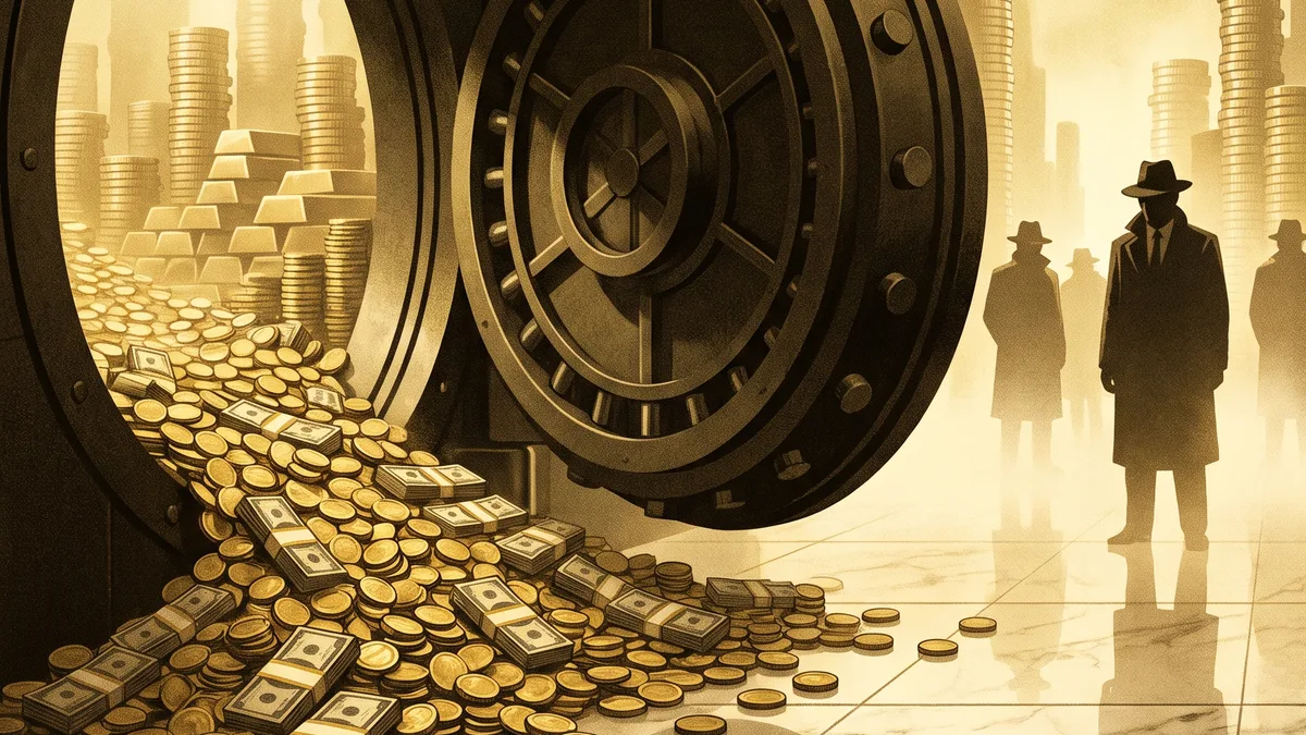 An enormous vault overflowing with gold coins and cash across a marble floor