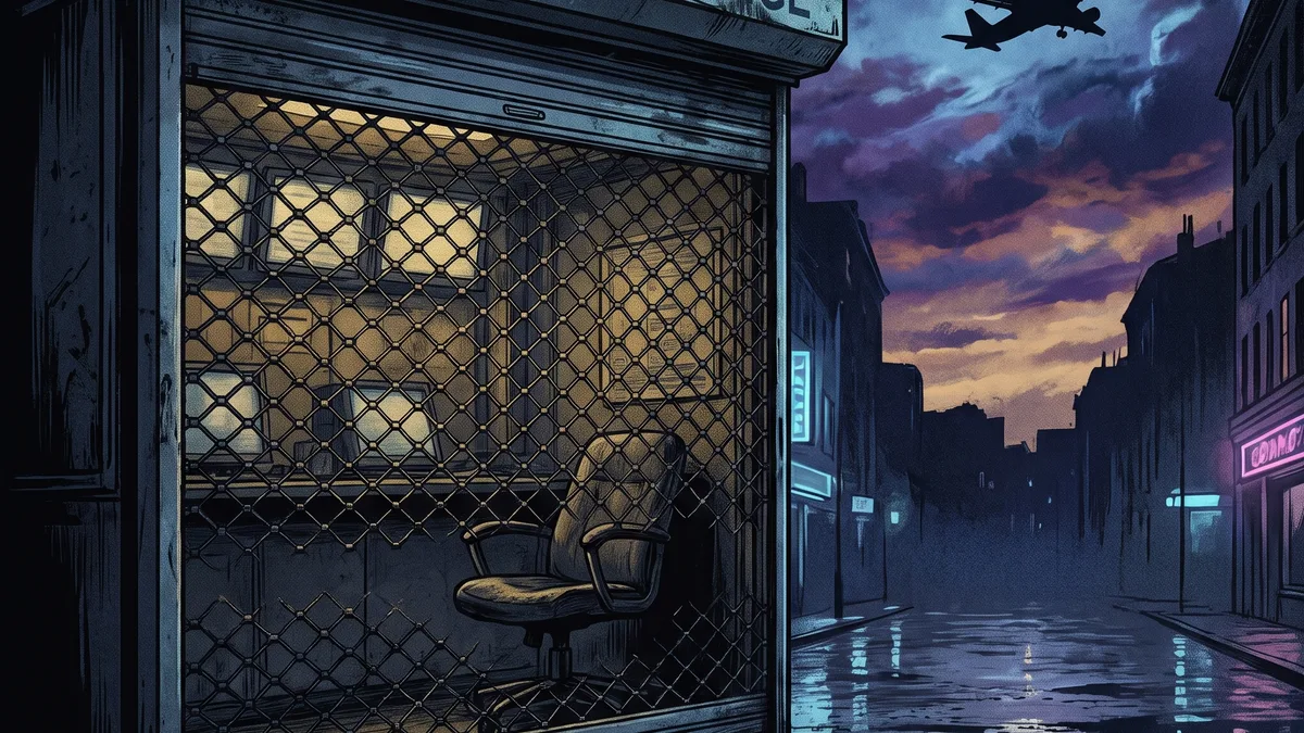 A shuttered crypto exchange office at night with a plane climbing into the sky