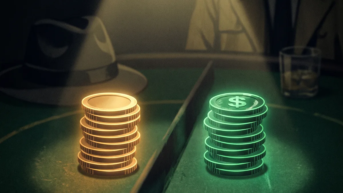 Two stacks of glowing coins on green felt, gold for fun and green for cash