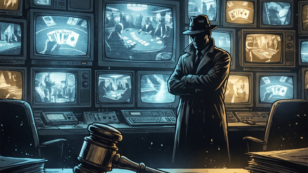 Illustration of casino surveillance and a courtroom gavel