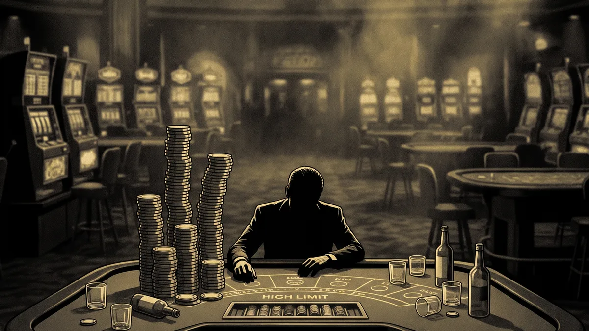 A lone figure buried under towering casino chip stacks in a cavernous casino