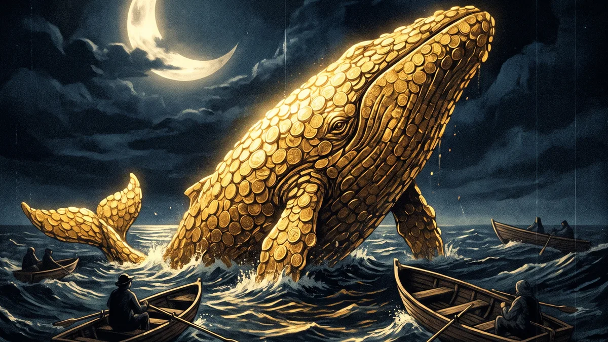 A colossal whale made of glowing coins breaching among tiny rowboats at night