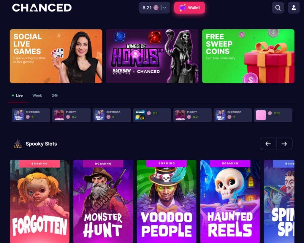 Chanced sweepstakes casino games lobby