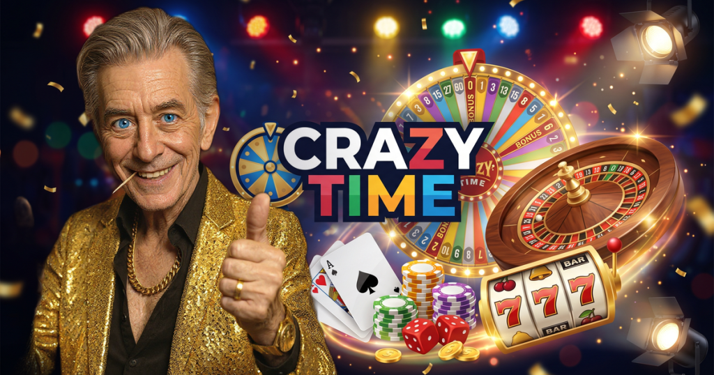 CRAZY TIME casino review featuring ChipReign character, branded game montage backdrop
