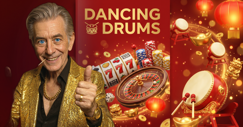 DANCING DRUMS casino review featuring ChipReign character, branded game montage backdrop