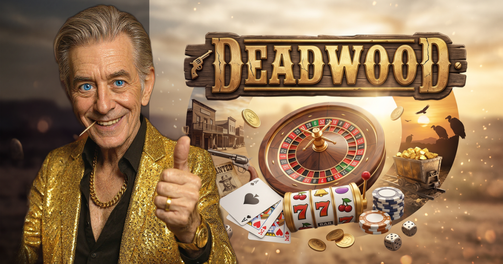 DEADWOOD casino review featuring ChipReign character, branded game montage backdrop