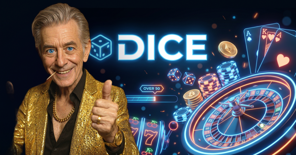 DICE casino review featuring ChipReign character, branded game montage backdrop
