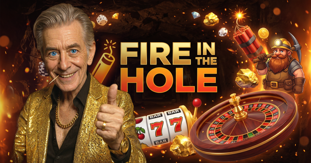 FIRE IN THE HOLE casino review featuring ChipReign character, branded game montage backdrop