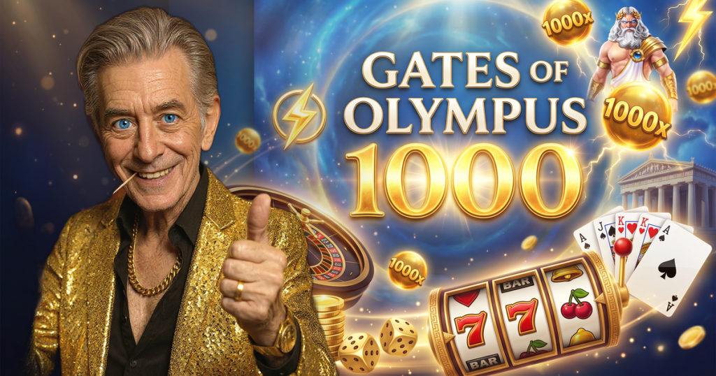 GATES OF OLYMPUS 1000 casino review featuring ChipReign character, branded game montage backdrop