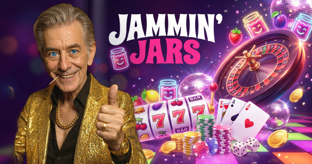JAMMIN JARS casino review featuring ChipReign character, branded game montage backdrop