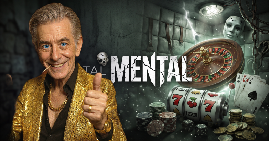 MENTAL casino review featuring ChipReign character, branded game montage backdrop