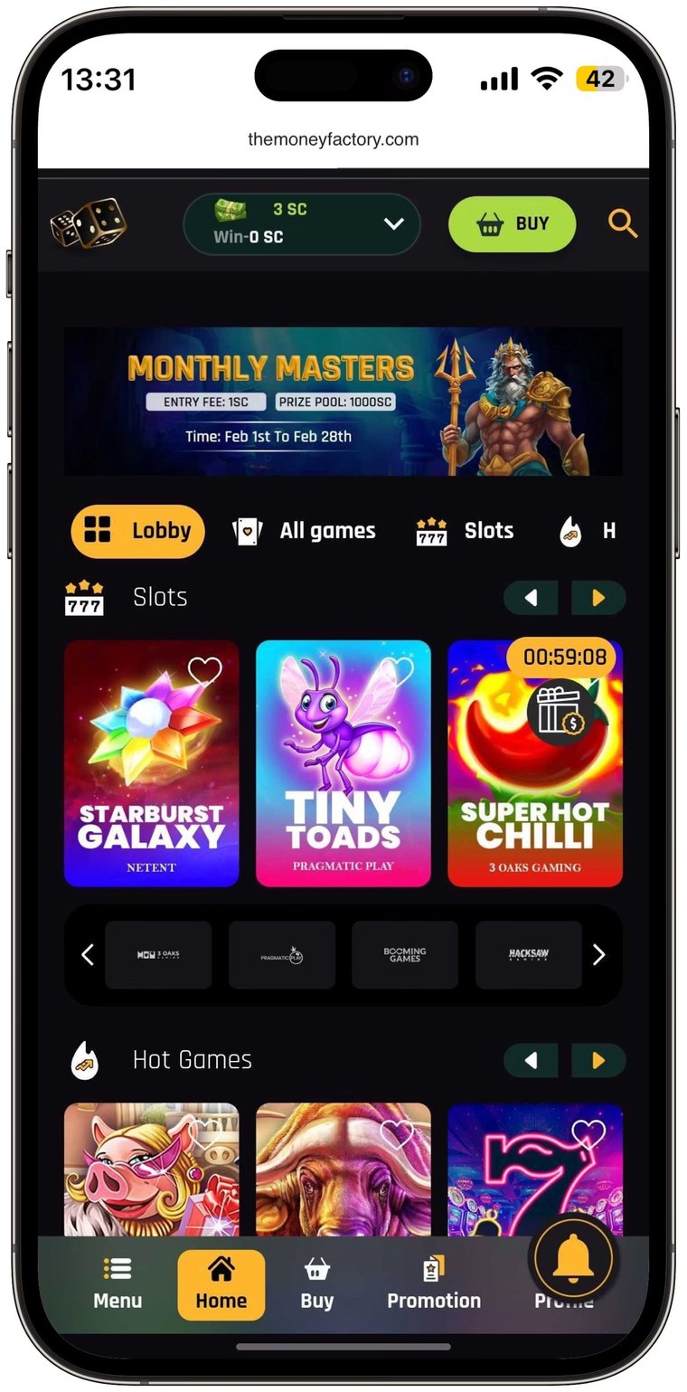 The Money Factory mobile casino lobby