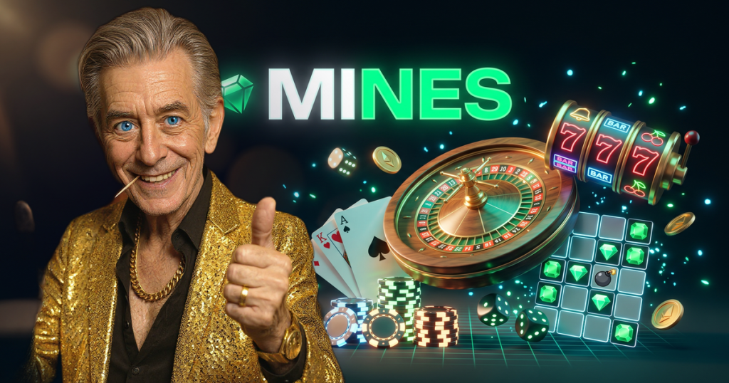 MINES casino review featuring ChipReign character, branded game montage backdrop