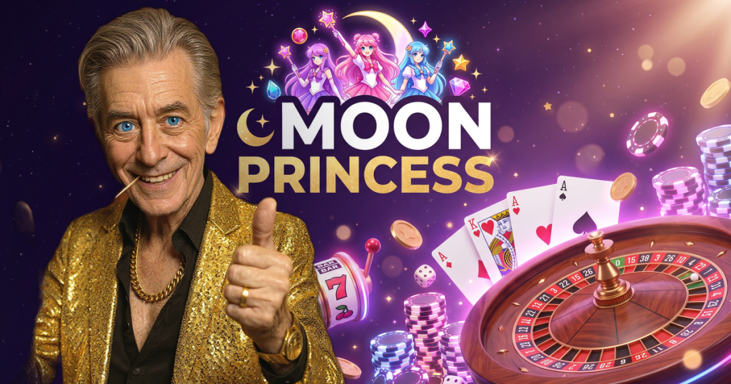 MOON PRINCESS casino review featuring ChipReign character, branded game montage backdrop