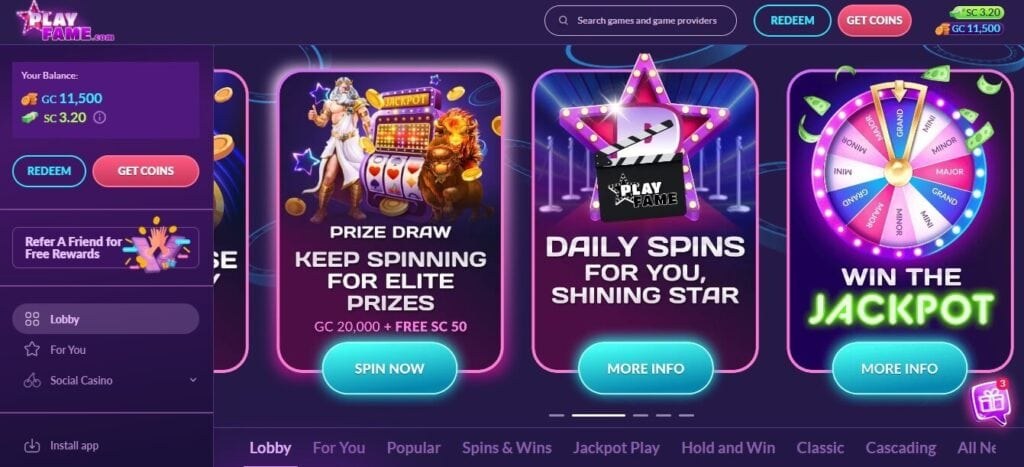PlayFame sweepstakes casino games lobby