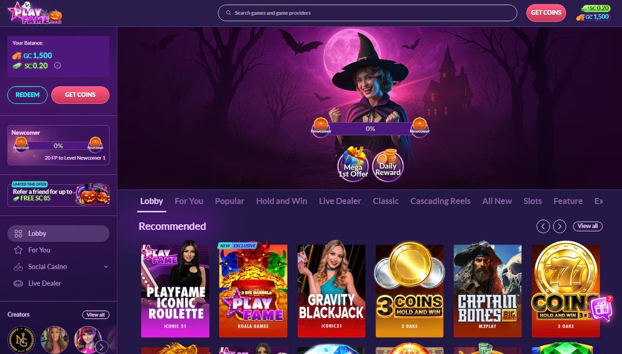 PlayFame sweepstakes casino lobby
