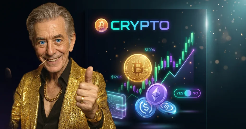 Crypto prediction markets guide featuring the ChipReign character with a Bitcoin and price-chart montage