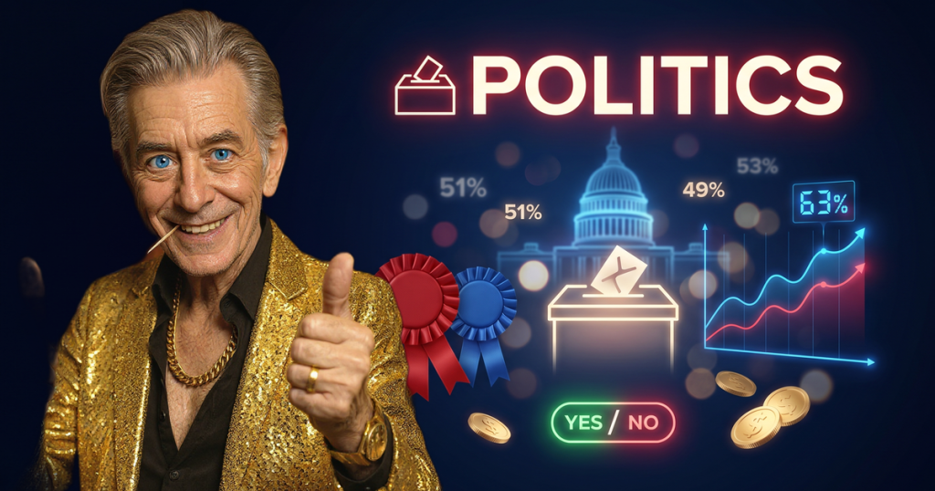 POLITICS casino review featuring ChipReign character, branded game montage backdrop