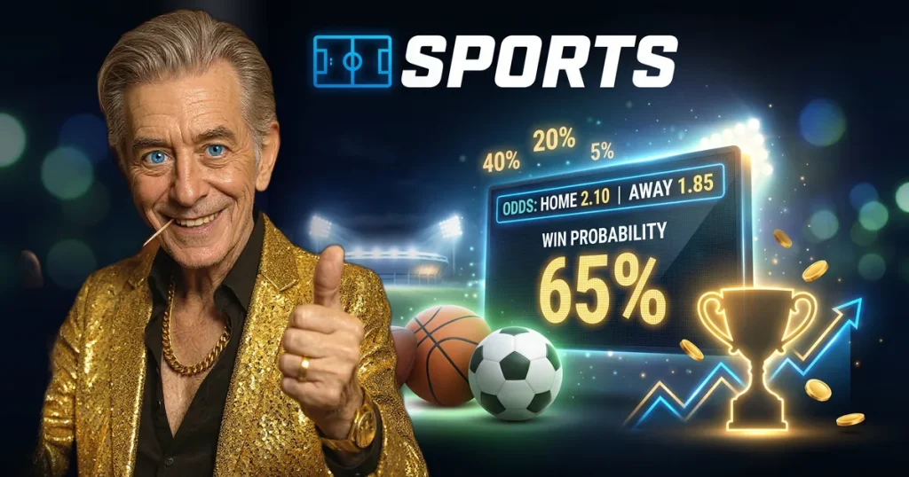 Sports prediction markets guide featuring the ChipReign character with a stadium and scoreboard montage