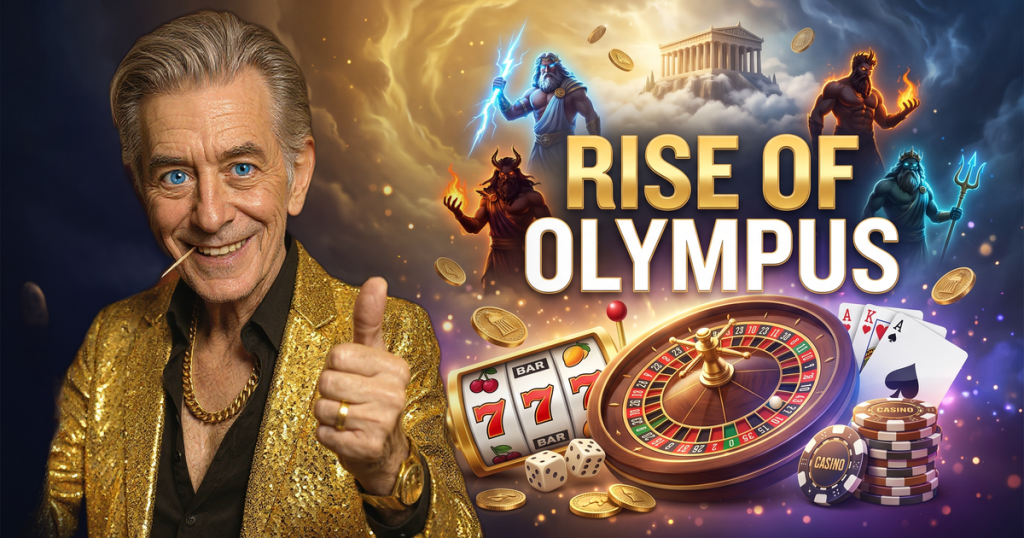 RISE OF OLYMPUS casino review featuring ChipReign character, branded game montage backdrop