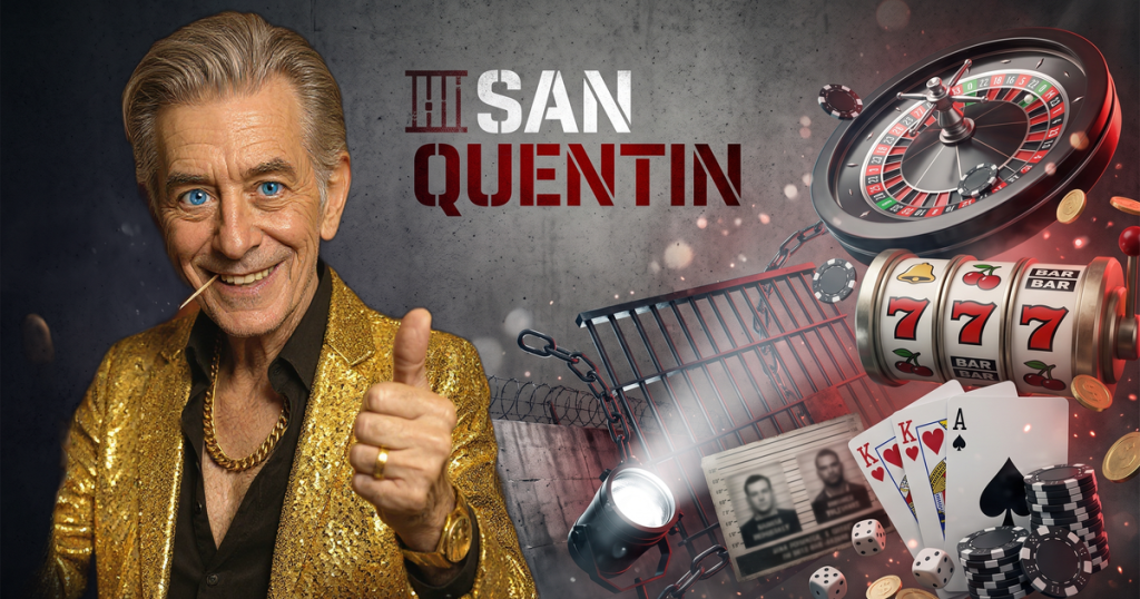 SAN QUENTIN casino review featuring ChipReign character, branded game montage backdrop