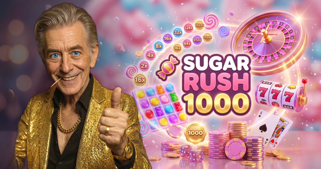 SUGAR RUSH 1000 casino review featuring ChipReign character, branded game montage backdrop