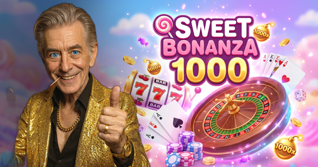 SWEET BONANZA 1000 casino review featuring ChipReign character, branded game montage backdrop