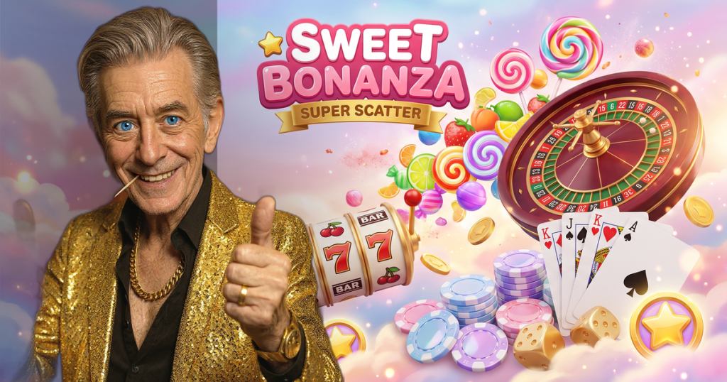 SWEET BONANZA casino review featuring ChipReign character, branded game montage backdrop
