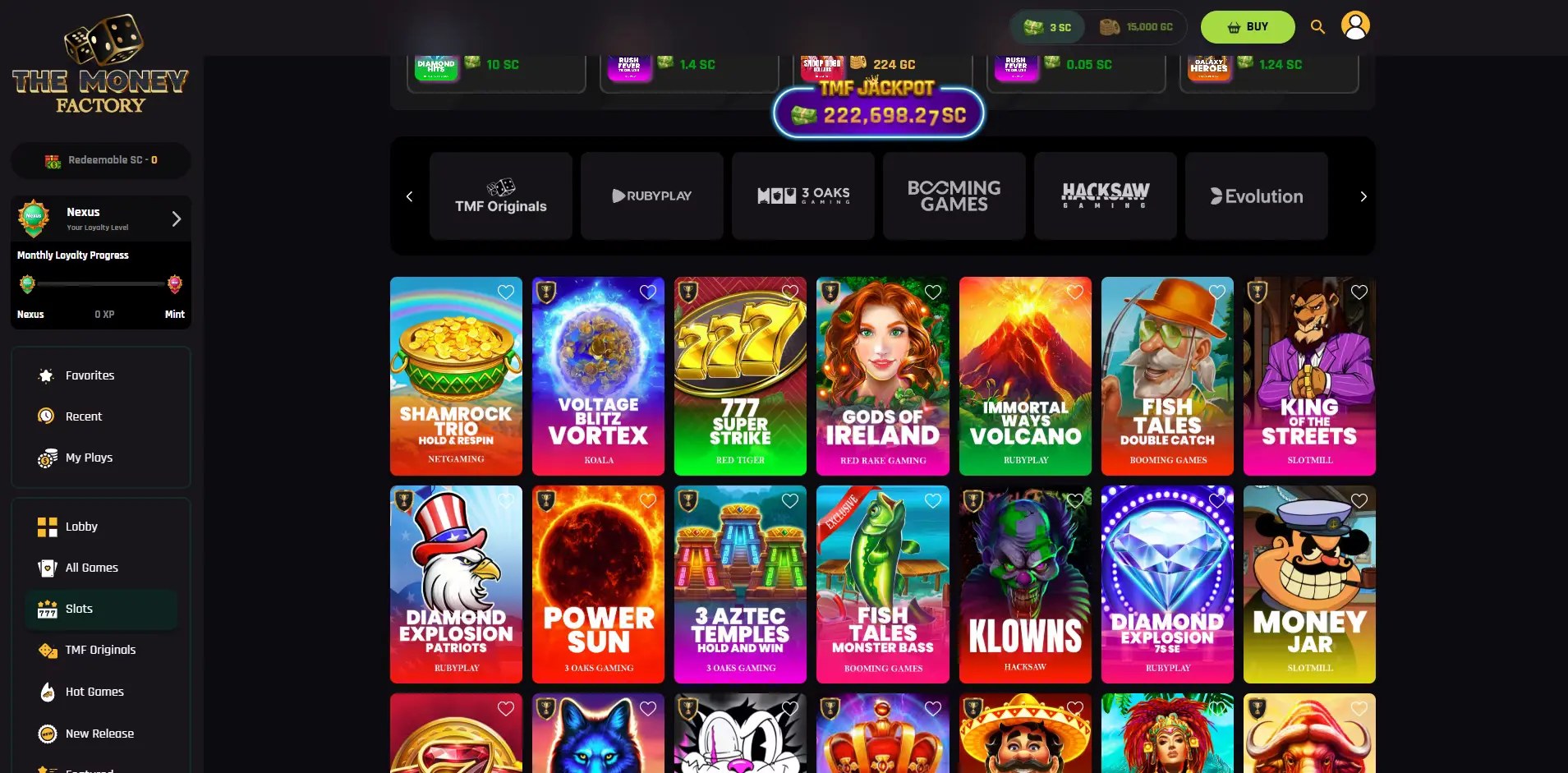 The Money Factory sweepstakes casino games lobby