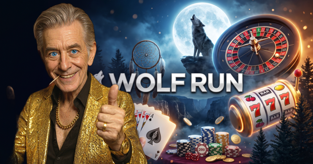 WOLF RUN casino review featuring ChipReign character, branded game montage backdrop
