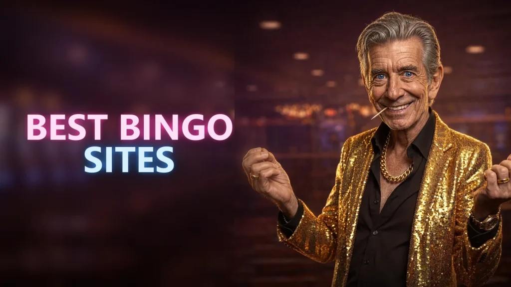 Chip in his gold sequined blazer celebrating beside a BEST BINGO SITES neon sign in a bingo hall