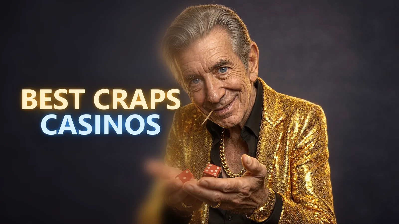 Chip in his gold sequined blazer cupping a pair of red dice beside a BEST CRAPS CASINOS neon sign
