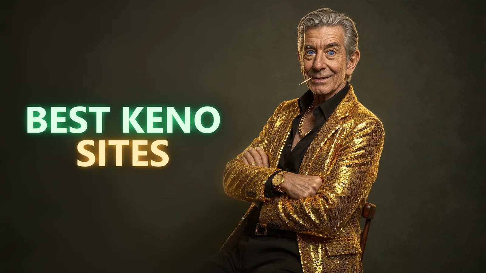Chip in his gold sequined blazer, arms folded and unimpressed, beside a BEST KENO SITES neon sign