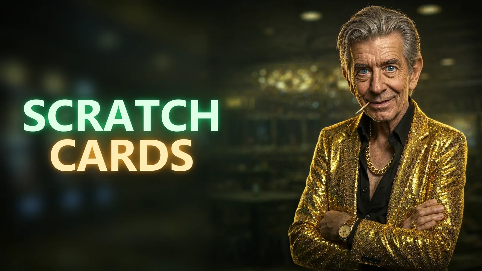 Chip in his gold sequined blazer with arms folded beside a SCRATCH CARDS neon sign on a casino floor
