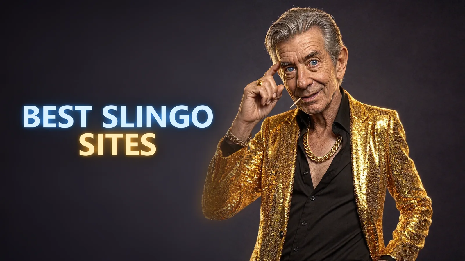 Chip in his gold sequined blazer tapping his temple beside a BEST SLINGO SITES neon sign