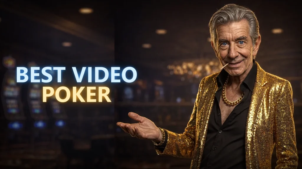 Chip in his gold sequined blazer gesturing toward a BEST VIDEO POKER neon sign on a casino floor