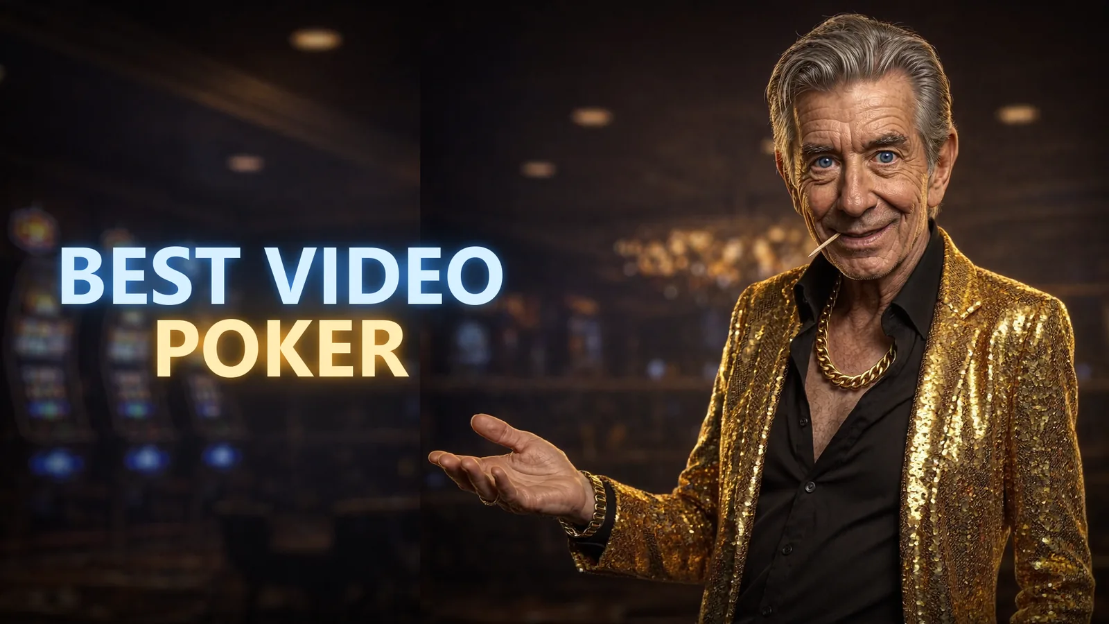 Chip in his gold sequined blazer gesturing toward a BEST VIDEO POKER neon sign on a casino floor