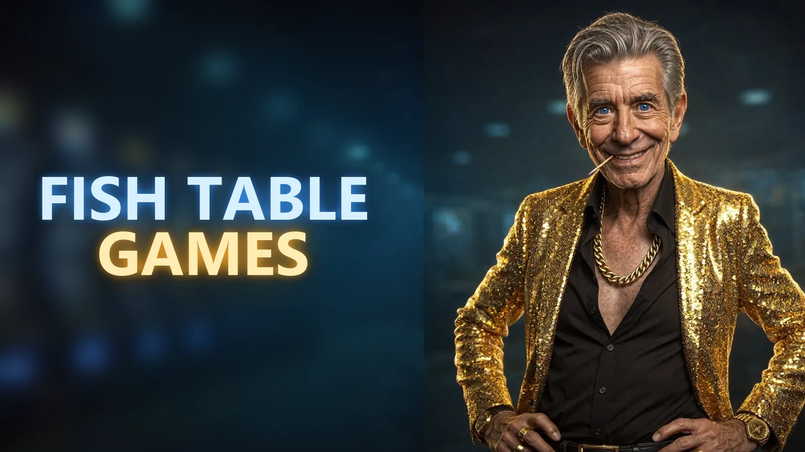 Chip in his gold sequined blazer beside a FISH TABLE GAMES neon sign in an ocean-lit arcade