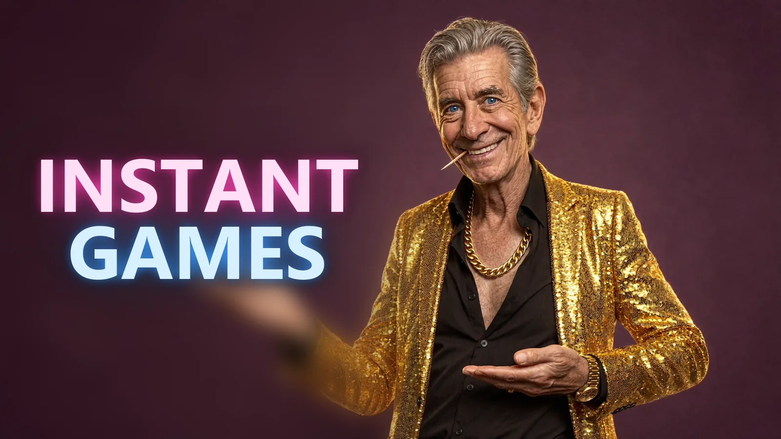 Chip in his gold sequined blazer presenting an INSTANT GAMES neon sign