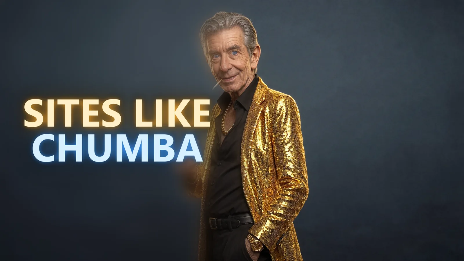 Chip in his gold sequined blazer glancing back beside a SITES LIKE CHUMBA neon sign