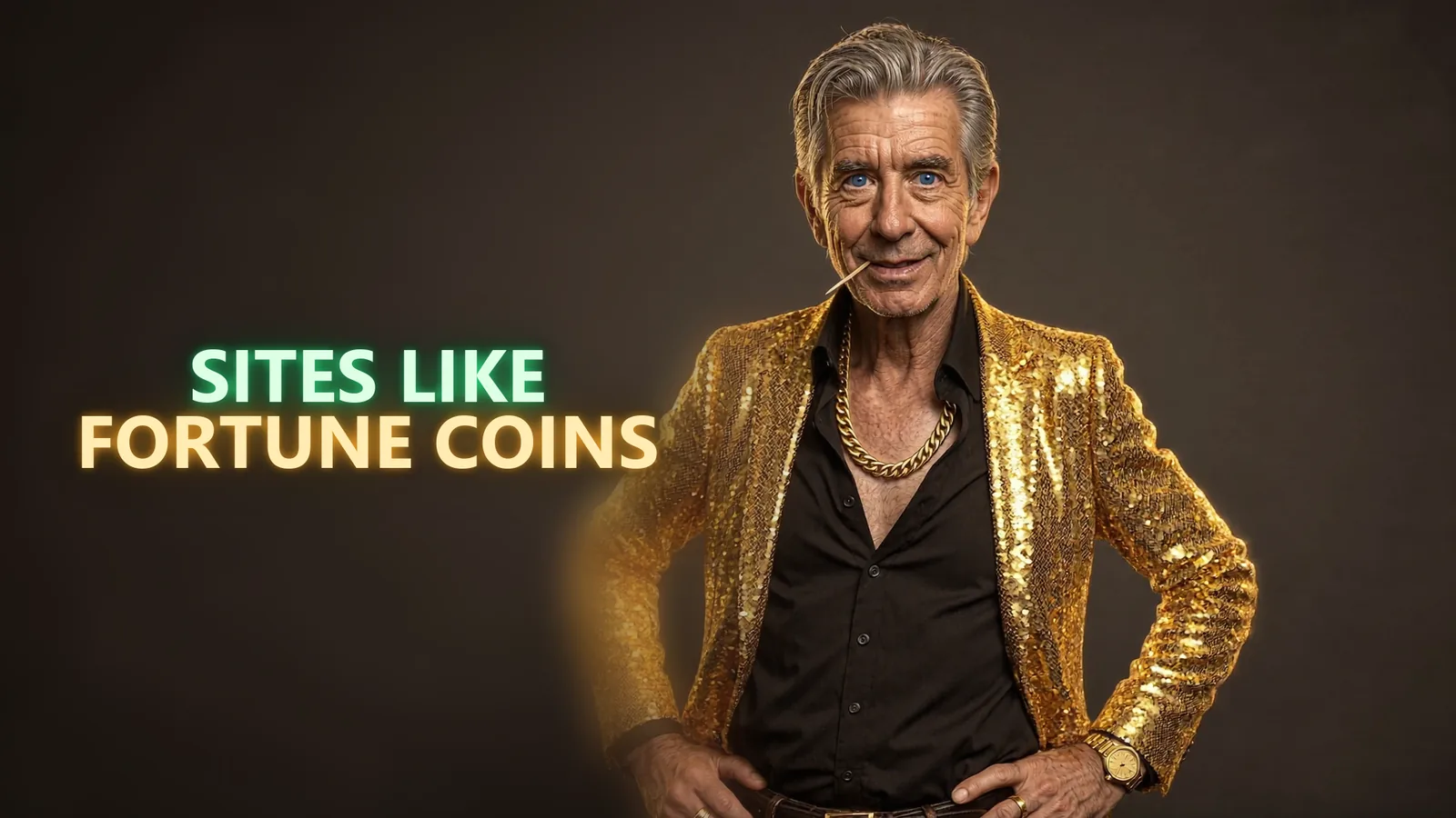 Chip in his gold sequined blazer beside a SITES LIKE FORTUNE COINS neon sign