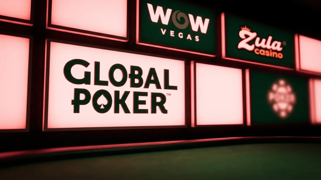 Global Poker logo on an illuminated sign above a green baize surface, with WOW Vegas and Zula signs behind