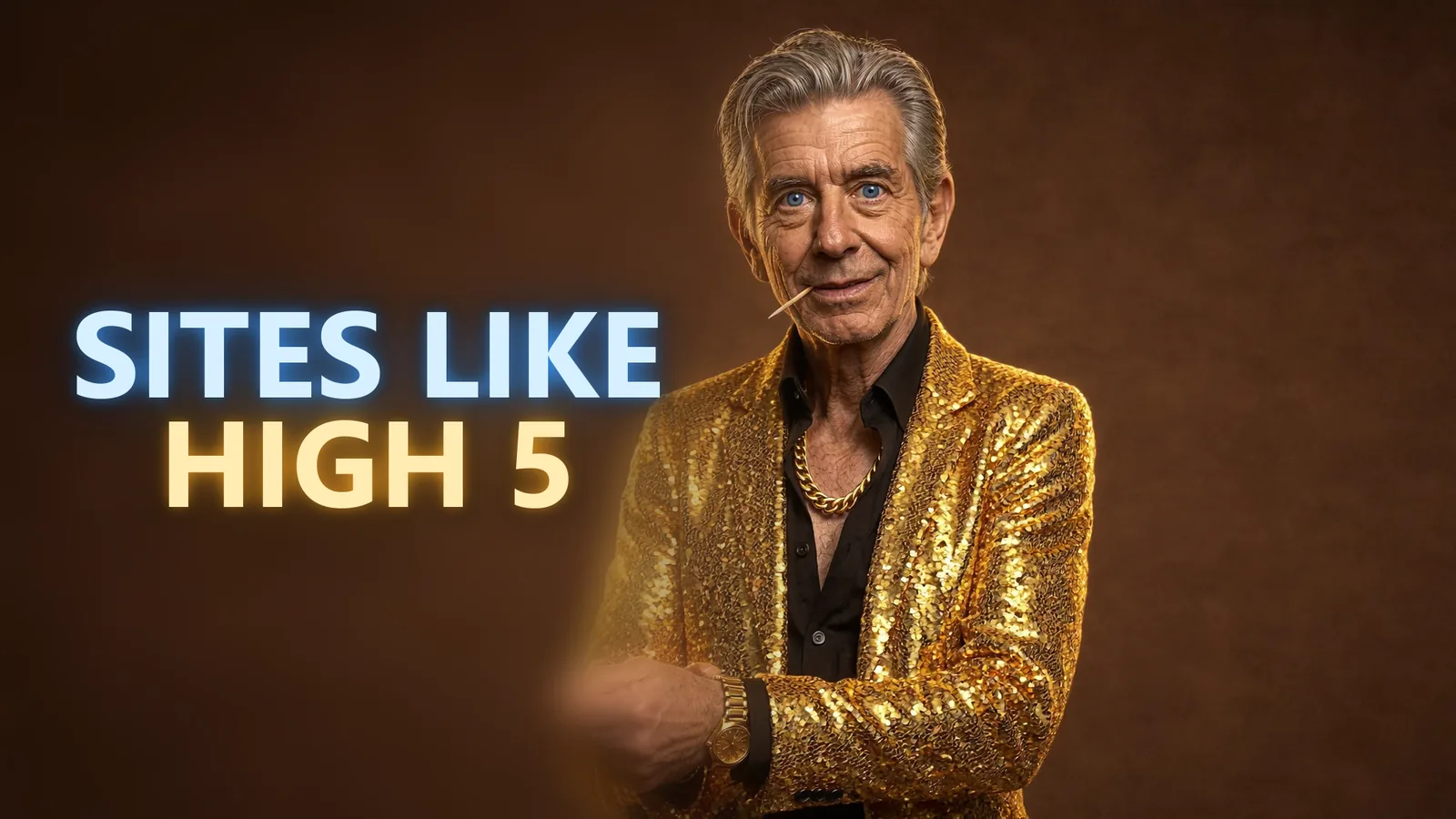 Chip in his gold sequined blazer, arms folded, beside a SITES LIKE HIGH 5 neon sign