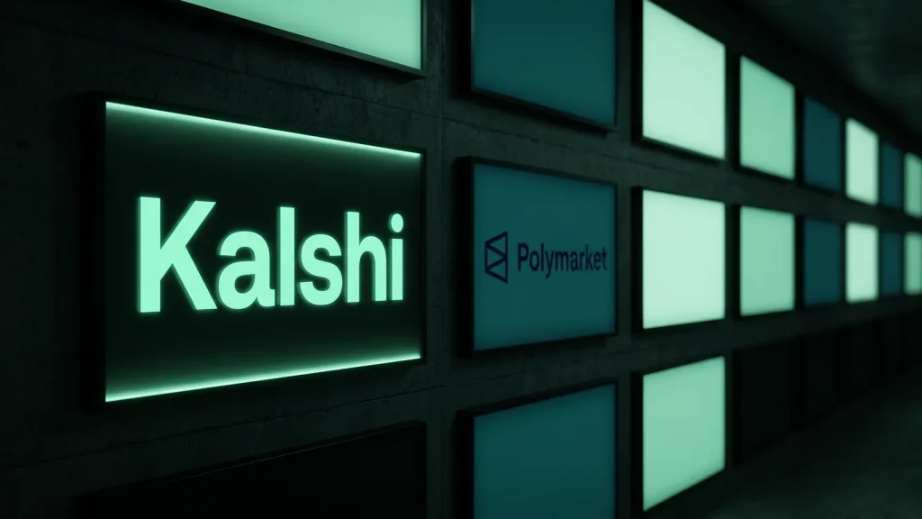 Kalshi logo on a backlit sign panel with Polymarket and Robinhood signs on the wall behind it