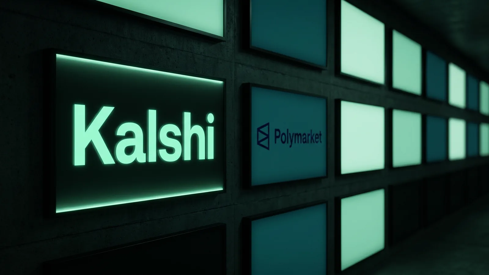 Kalshi logo on a backlit sign panel with Polymarket and Robinhood signs on the wall behind it