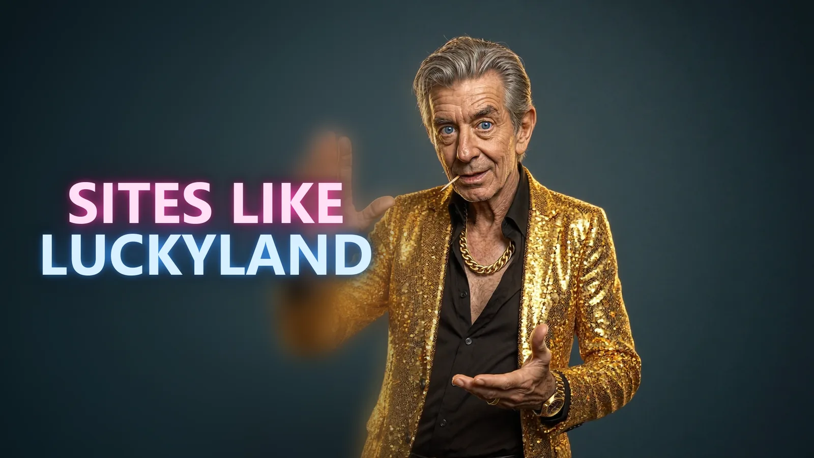 Chip in his gold sequined blazer raising a cautionary hand beside a SITES LIKE LUCKYLAND neon sign
