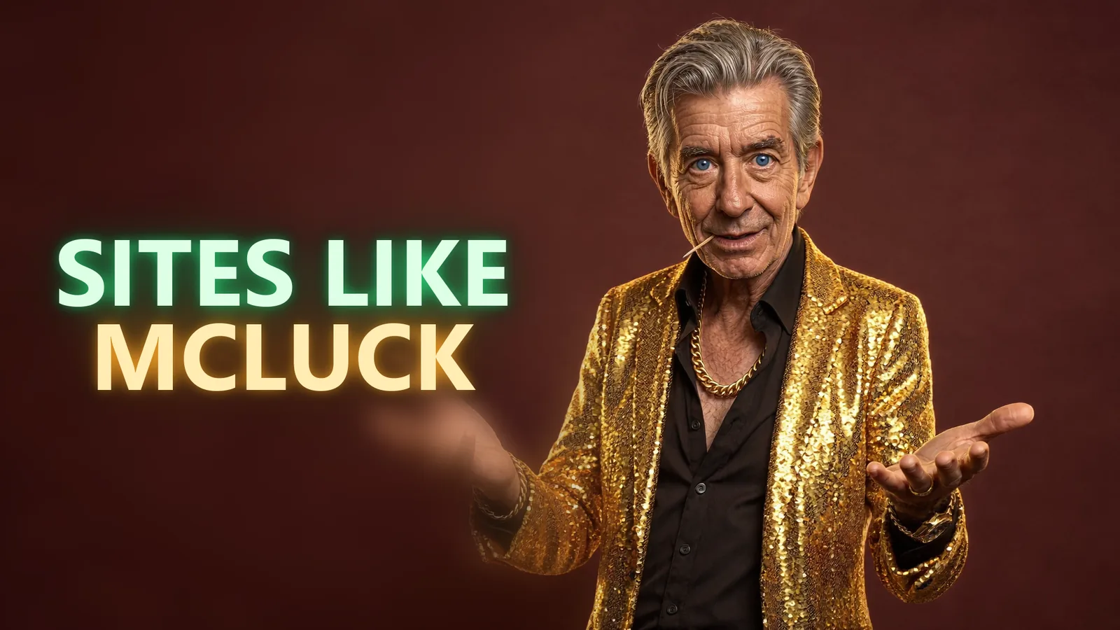 Chip in his gold sequined blazer shrugging beside a SITES LIKE MCLUCK neon sign