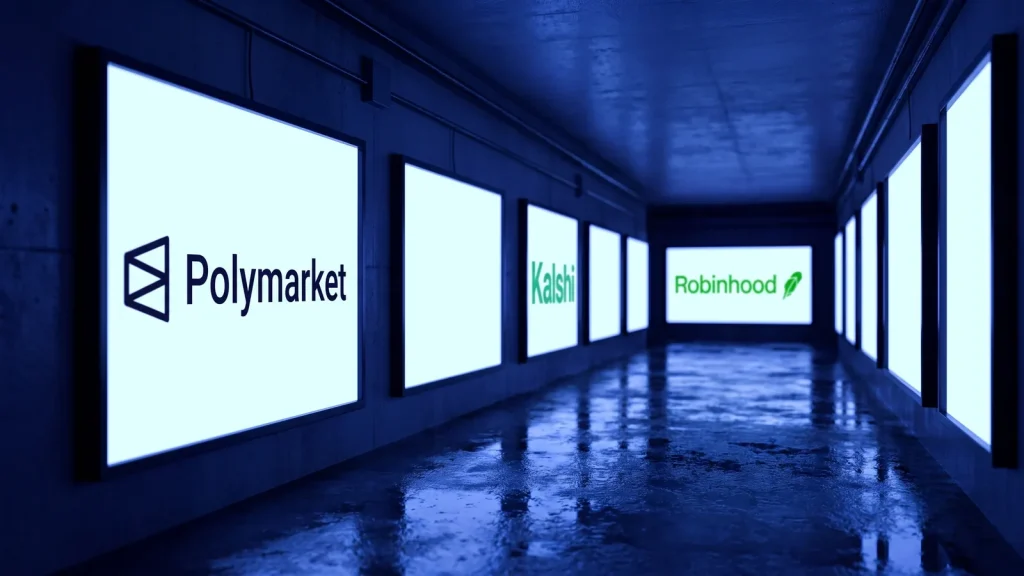 Polymarket logo on an illuminated sign in a corridor, with Kalshi and Robinhood signs further back