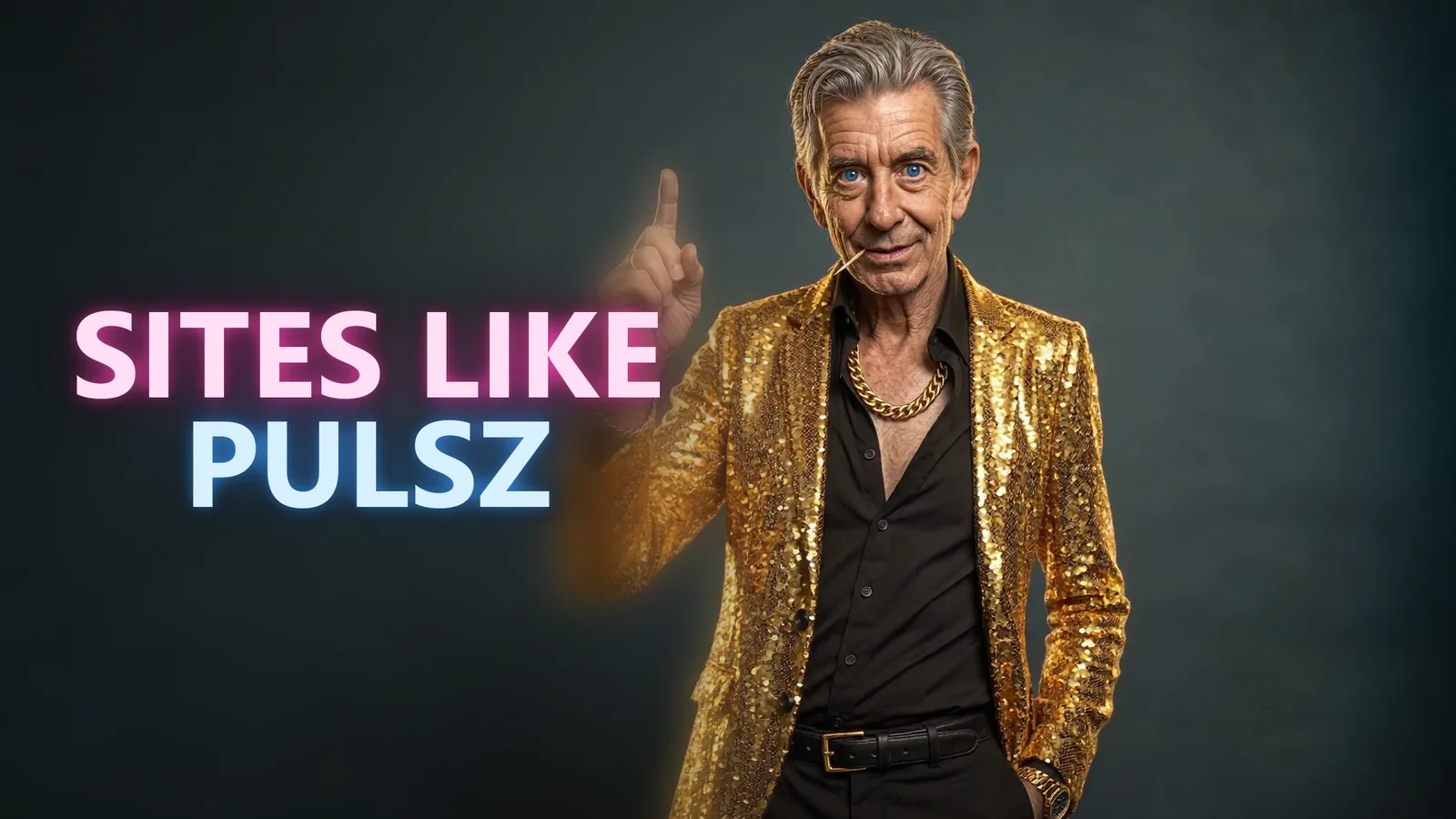 Chip in his gold sequined blazer beside a SITES LIKE PULSZ neon sign